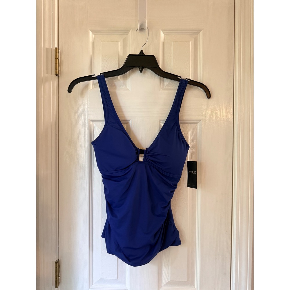 Lauren Ralph Lauren Sapphire Blue Ruched V-Neck Tankini Top 20301127 Size 10 NEW